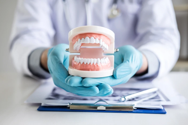 Male doctor or dentist working with patient tooth x-ray film, model and equipment used in the treatment and analysis teeth disease of dental and dentistry at workplace.